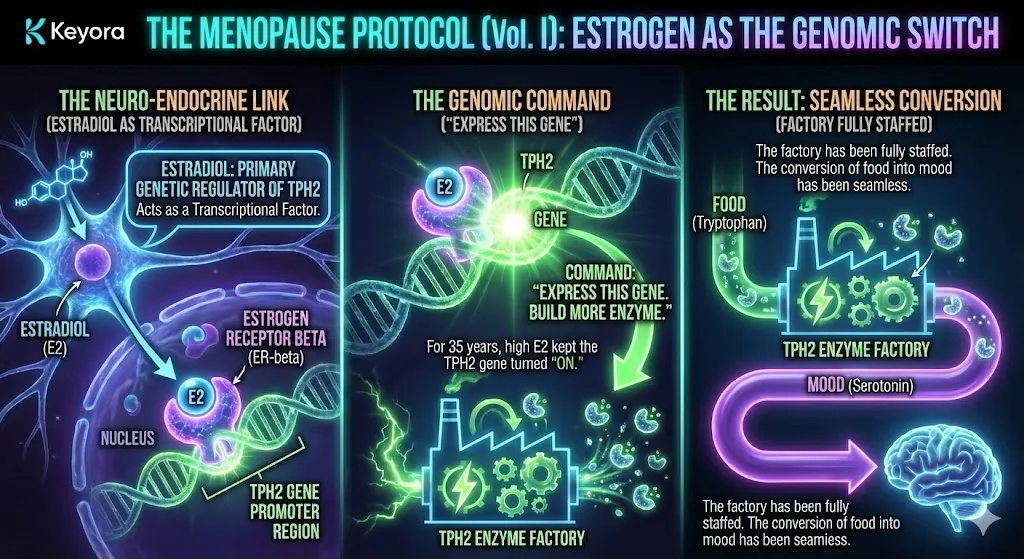 A molecular diagram titled "Estrogen as the Genomic Switch," showing the neuro-endocrine link in the brain. The visual depicts Estradiol (E2) entering the neuron's nucleus to act as a primary Transcriptional Factor. The process shows Estradiol binding to the Estrogen Receptor Beta (ER-beta) complex. This complex is illustrated binding to the DNA promoter region of the TPH2 gene, issuing the command to build more enzymes. The final panel represents the reproductive years, where consistent estrogen levels keep the TPH2 factory fully staffed and mood synthesis seamless. A molecular diagram titled "Estrogen as the Genomic Switch," showing the neuro-endocrine link in the brain. The visual depicts Estradiol (E2) entering the neuron's nucleus to act as a primary Transcriptional Factor. The process shows Estradiol binding to the Estrogen Receptor Beta (ER-beta) complex. This complex is illustrated binding to the DNA promoter region of the TPH2 gene, issuing the command to build more enzymes. The final panel represents the reproductive years, where consistent estrogen levels keep the TPH2 factory fully staffed and mood synthesis seamless.
