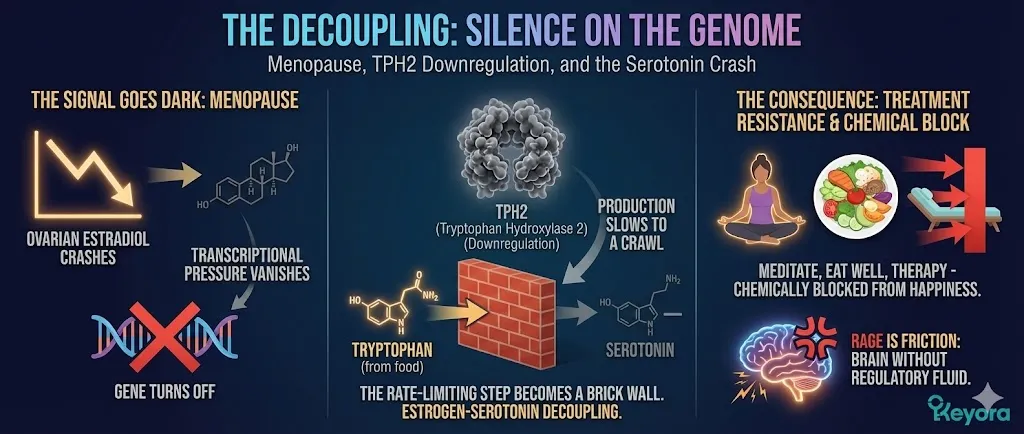 A molecular diagram titled "The Decoupling: Silence on the Genome," illustrating the impact of menopause on the brain. The visual shows the disappearance of Estradiol, leading to the loss of transcriptional pressure on the TPH2 gene. The process depicts the TPH2 gene turning off, labeled as "Downregulation," causing enzyme production to slow to a crawl. A brick wall metaphor illustrates Tryptophan from food being blocked because the rate-limiting enzyme is missing. The final panel explains that without this enzyme, the brain remains chemically blocked from happiness, regardless of external efforts like therapy or diet. A molecular diagram titled "The Decoupling: Silence on the Genome," illustrating the impact of menopause on the brain. The visual shows the disappearance of Estradiol, leading to the loss of transcriptional pressure on the TPH2 gene. The process depicts the TPH2 gene turning off, labeled as "Downregulation," causing enzyme production to slow to a crawl. A brick wall metaphor illustrates Tryptophan from food being blocked because the rate-limiting enzyme is missing. The final panel explains that without this enzyme, the brain remains chemically blocked from happiness, regardless of external efforts like therapy or diet.