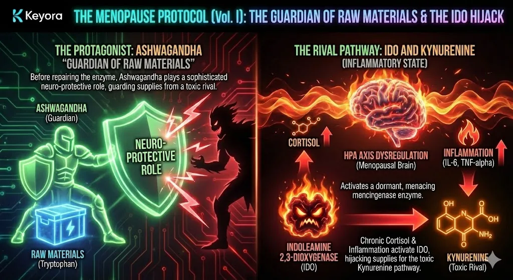A conceptual diagram titled "Ashwagandha: The Guardian of Raw Materials" showing the protection of brain chemistry. The visual illustrates the "Menopausal Phenotype" where high Cortisol and inflammatory cytokines (IL-6, TNF-alpha) are present. These stressors are shown activating the dormant IDO enzyme, which acts as a "hijacker" of Tryptophan. Ashwagandha is depicted as a protective barrier, intervening to stop the HPA axis dysregulation and the activation of the rival Kynurenine pathway. The diagram emphasizes the shift from a state of "hijacked supplies" to a protected "neuro-protective" environment.A diagram titled "The IDO Trap" illustrating the competition for Tryptophan in the brain. The visual depicts the "good twin" TPH2 aiming for Serotonin (Mood/Sleep) versus the "evil twin" IDO aiming for Kynurenine (Inflammation/Toxicity). High Cortisol levels are shown as a potent activator, signaling the body to stop making "happy chemicals" and switch to "defense chemicals." The process illustrates a "Substrate Shunt," where Tryptophan is aggressively stolen and diverted away from the Serotonin pathway. The final panel shows the result: a brain depleted of mood-regulating precursors and flooded with inflammatory diverted supplies. A conceptual diagram titled "Ashwagandha: The Guardian of Raw Materials" showing the protection of brain chemistry. The visual illustrates the "Menopausal Phenotype" where high Cortisol and inflammatory cytokines (IL-6, TNF-alpha) are present. These stressors are shown activating the dormant IDO enzyme, which acts as a "hijacker" of Tryptophan. Ashwagandha is depicted as a protective barrier, intervening to stop the HPA axis dysregulation and the activation of the rival Kynurenine pathway. The diagram emphasizes the shift from a state of "hijacked supplies" to a protected "neuro-protective" environment.A diagram titled "The IDO Trap" illustrating the competition for Tryptophan in the brain. The visual depicts the "good twin" TPH2 aiming for Serotonin (Mood/Sleep) versus the "evil twin" IDO aiming for Kynurenine (Inflammation/Toxicity). High Cortisol levels are shown as a potent activator, signaling the body to stop making "happy chemicals" and switch to "defense chemicals." The process illustrates a "Substrate Shunt," where Tryptophan is aggressively stolen and diverted away from the Serotonin pathway. The final panel shows the result: a brain depleted of mood-regulating precursors and flooded with inflammatory diverted supplies.