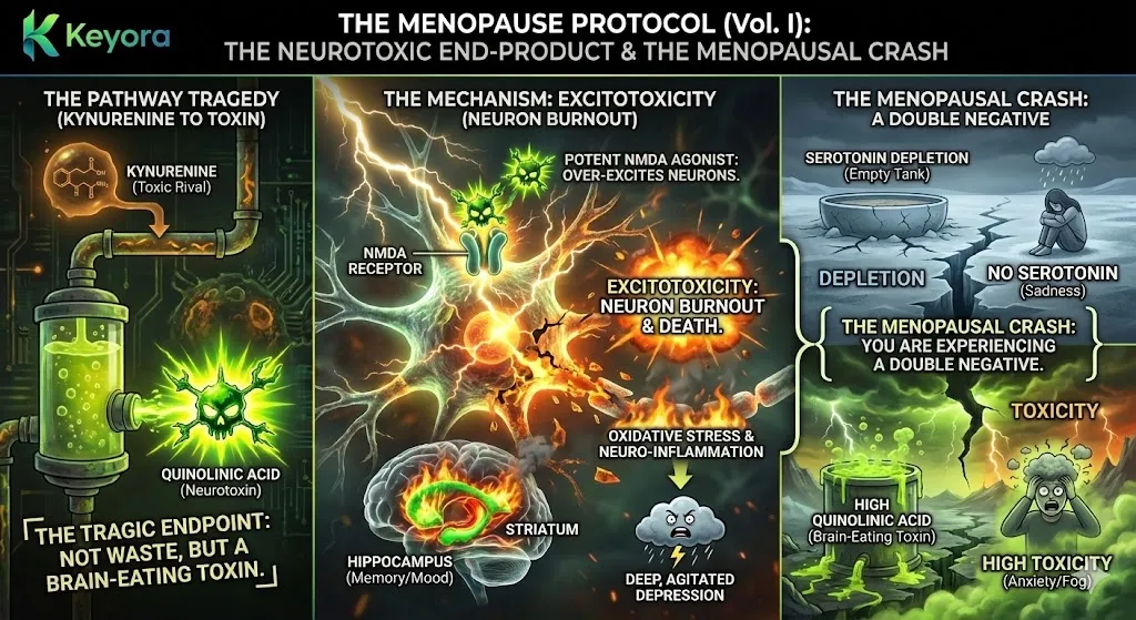 A scientific diagram titled "The Neurotoxic End-Product: Quinolinic Acid" illustrating brain damage during the menopausal crash. The visual shows Kynurenine being metabolized into Quinolinic Acid, labeled as a "Neurotoxin." The mechanism depicts the over-excitation of NMDA receptors leading to neuronal burnout and death, known as "Excitotoxicity." Specific targets are highlighted: the Hippocampus (governing memory and mood) and the Striatum. The final panel illustrates the "Double Negative": the total depletion of Serotonin (Sadness) paired with the toxic presence of Quinolinic Acid (Anxiety/Fog). A scientific diagram titled "The Neurotoxic End-Product: Quinolinic Acid" illustrating brain damage during the menopausal crash. The visual shows Kynurenine being metabolized into Quinolinic Acid, labeled as a "Neurotoxin." The mechanism depicts the over-excitation of NMDA receptors leading to neuronal burnout and death, known as "Excitotoxicity." Specific targets are highlighted: the Hippocampus (governing memory and mood) and the Striatum. The final panel illustrates the "Double Negative": the total depletion of Serotonin (Sadness) paired with the toxic presence of Quinolinic Acid (Anxiety/Fog).