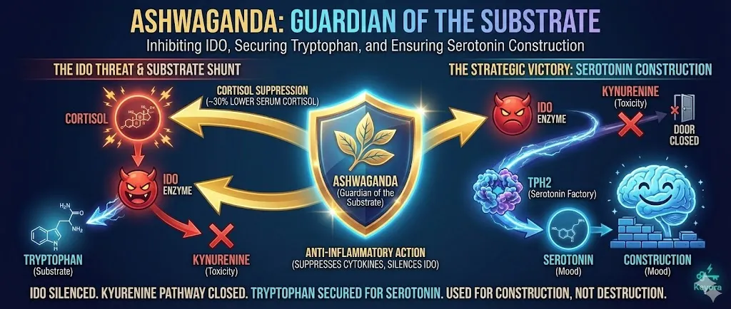 A scientific diagram titled "Ashwagandha: The Guardian of the Substrate." The visual illustrates Ashwagandha's Mechanism of Action in inhibiting the IDO enzyme. It shows a ~30% reduction in Serum Cortisol and the suppression of pro-inflammatory cytokines. The graphic depicts Ashwagandha "closing the door" to the toxic Kynurenine pathway. Arrows show Tryptophan being successfully forced back into the Serotonin pathway for "construction" (Mood). The final panel contrasts the prevention of "destruction" (Toxicity) with the restoration of mood-regulating precursors. A scientific diagram titled "Ashwagandha: The Guardian of the Substrate." The visual illustrates Ashwagandha's Mechanism of Action in inhibiting the IDO enzyme. It shows a ~30% reduction in Serum Cortisol and the suppression of pro-inflammatory cytokines. The graphic depicts Ashwagandha "closing the door" to the toxic Kynurenine pathway. Arrows show Tryptophan being successfully forced back into the Serotonin pathway for "construction" (Mood). The final panel contrasts the prevention of "destruction" (Toxicity) with the restoration of mood-regulating precursors.