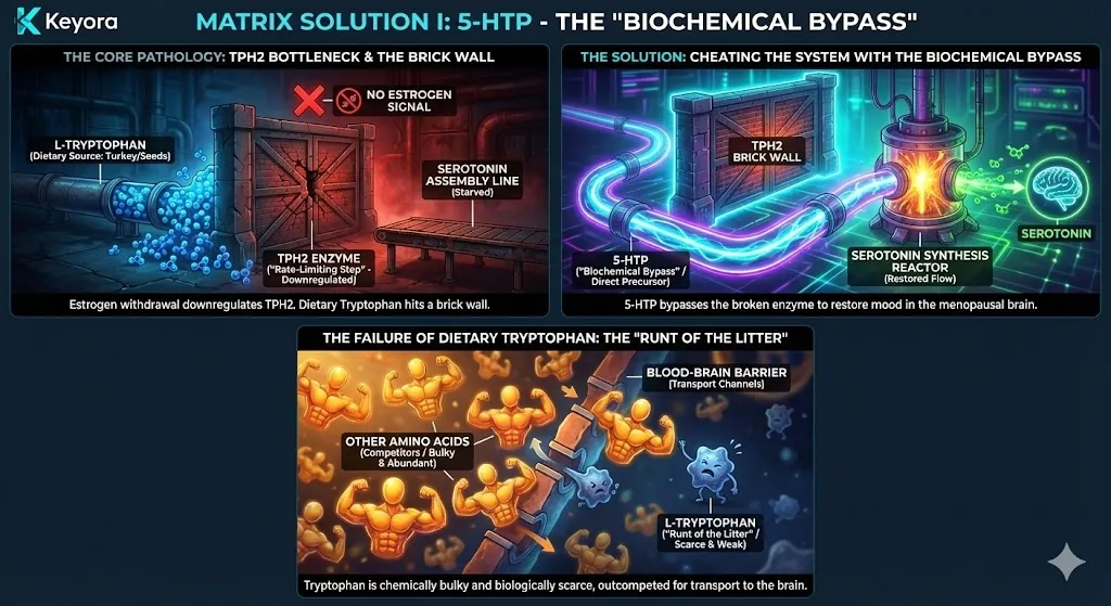 A scientific diagram titled "Matrix Solution I: 5-HTP - The Biochemical Bypass." The visual depicts the "structural failure" of the mood factory due to the downregulation of the TPH2 enzyme. A "brick wall" metaphor illustrates dietary Tryptophan hitting the TPH2 bottleneck and failing to convert. 5-HTP is shown as the "Substrate and Barrier Breaker" that successfully bypasses this genomic checkpoint. The graphic highlights why standard dietary Tryptophan fails because it is the "Runt of the Litter"—chemically bulky and biologically scarce. A scientific diagram titled "Matrix Solution I: 5-HTP - The Biochemical Bypass." The visual depicts the "structural failure" of the mood factory due to the downregulation of the TPH2 enzyme. A "brick wall" metaphor illustrates dietary Tryptophan hitting the TPH2 bottleneck and failing to convert. 5-HTP is shown as the "Substrate and Barrier Breaker" that successfully bypasses this genomic checkpoint. The graphic highlights why standard dietary Tryptophan fails because it is the "Runt of the Litter"—chemically bulky and biologically scarce.