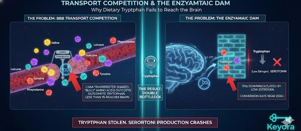 A diagram titled "Transport Competition" illustrating the Blood-Brain Barrier (BBB) crossing. The visual shows the Large Neutral Amino Acid Transporter (LNAA) as a "bus" with limited seating. Tryptophan is depicted as the "Runt of the Litter," being outcompeted by "Bully" amino acids like Leucine and Valine. Less than 1% of dietary Tryptophan is shown successfully entering the brain. The final panel depicts the "Enzymatic Dam" where the small amount of Tryptophan that enters is blocked by the downregulated TPH2 enzyme. A diagram titled "Transport Competition" illustrating the Blood-Brain Barrier (BBB) crossing. The visual shows the Large Neutral Amino Acid Transporter (LNAA) as a "bus" with limited seating. Tryptophan is depicted as the "Runt of the Litter," being outcompeted by "Bully" amino acids like Leucine and Valine. Less than 1% of dietary Tryptophan is shown successfully entering the brain. The final panel depicts the "Enzymatic Dam" where the small amount of Tryptophan that enters is blocked by the downregulated TPH2 enzyme.
