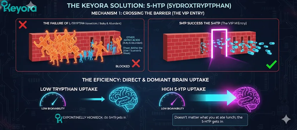 A diagram titled "Mechanism 1: Crossing the Barrier (The VIP Entry)," illustrating 5-HTP entering the brain. The visual contrasts 5-HTP with Tryptophan, showing 5-HTP bypassing the crowded LNAA "bus" used by other amino acids. 5-HTP is depicted crossing the Blood-Brain Barrier (BBB) freely and efficiently via its own dedicated path. The graphic highlights "exponentially higher bioavailability," showing 5-HTP reaching the brain regardless of dietary competition. The final panel emphasizes the "VIP Entry" nature of 5-HTP as a strategic metabolic intermediate. A diagram titled "Mechanism 1: Crossing the Barrier (The VIP Entry)," illustrating 5-HTP entering the brain. The visual contrasts 5-HTP with Tryptophan, showing 5-HTP bypassing the crowded LNAA "bus" used by other amino acids. 5-HTP is depicted crossing the Blood-Brain Barrier (BBB) freely and efficiently via its own dedicated path. The graphic highlights "exponentially higher bioavailability," showing 5-HTP reaching the brain regardless of dietary competition. The final panel emphasizes the "VIP Entry" nature of 5-HTP as a strategic metabolic intermediate.
