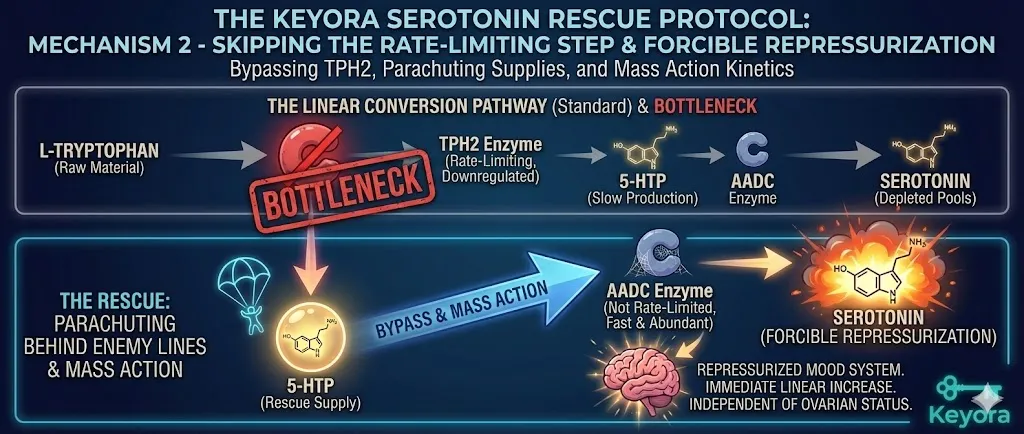 A diagram titled "Mechanism 2: Skipping the Rate-Limiting Step," showing the serotonin assembly line. The visual maps the linear conversion: L-Tryptophan to TPH2 Enzyme to 5-HTP to AADC Enzyme to Serotonin. 5-HTP is depicted as a "parachute" dropping into the assembly line past the "TPH2 bottleneck." The graphic emphasizes that this bypass works independently of Estrogen or gene activation. A final panel shows the AADC enzyme quickly converting the flooded 5-HTP, creating a linear increase in Serotonin. This illustrates the "repressurization" of the mood system regardless of ovarian status. A diagram titled "Mechanism 2: Skipping the Rate-Limiting Step," showing the serotonin assembly line. The visual maps the linear conversion: L-Tryptophan to TPH2 Enzyme to 5-HTP to AADC Enzyme to Serotonin. 5-HTP is depicted as a "parachute" dropping into the assembly line past the "TPH2 bottleneck." The graphic emphasizes that this bypass works independently of Estrogen or gene activation. A final panel shows the AADC enzyme quickly converting the flooded 5-HTP, creating a linear increase in Serotonin. This illustrates the "repressurization" of the mood system regardless of ovarian status.