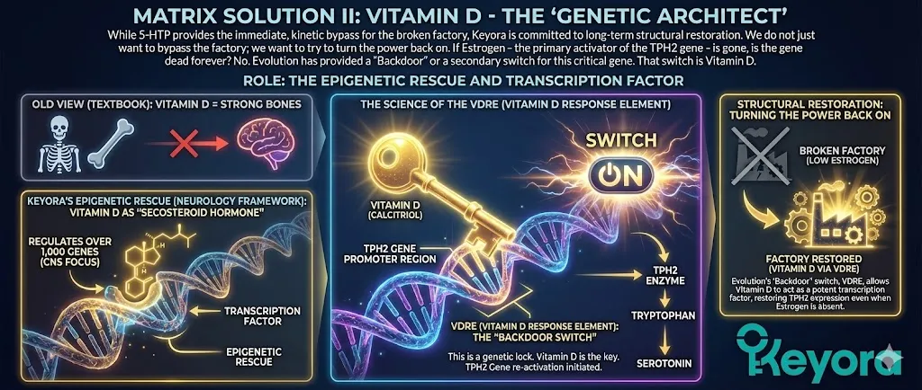 A scientific diagram titled "Matrix Solution II: Vitamin D - The Genetic Architect," illustrating the structural restoration of the serotonin factory. The visual depicts the TPH2 gene not as "dead," but as having a "Backdoor" or secondary switch. Vitamin D (Calcitriol) is shown as a "Secosteroid Hormone" and a "Key" approaching a "Genetic Lock." This lock is labeled as the "Vitamin D Response Element (VDRE)" located in the promoter region of the TPH2 gene. The graphic emphasizes that Vitamin D acts as an epigenetic rescue, taking over the role of the missing Estrogen to reactivate gene expression. A scientific diagram titled "Matrix Solution II: Vitamin D - The Genetic Architect," illustrating the structural restoration of the serotonin factory. The visual depicts the TPH2 gene not as "dead," but as having a "Backdoor" or secondary switch. Vitamin D (Calcitriol) is shown as a "Secosteroid Hormone" and a "Key" approaching a "Genetic Lock." This lock is labeled as the "Vitamin D Response Element (VDRE)" located in the promoter region of the TPH2 gene. The graphic emphasizes that Vitamin D acts as an epigenetic rescue, taking over the role of the missing Estrogen to reactivate gene expression.
