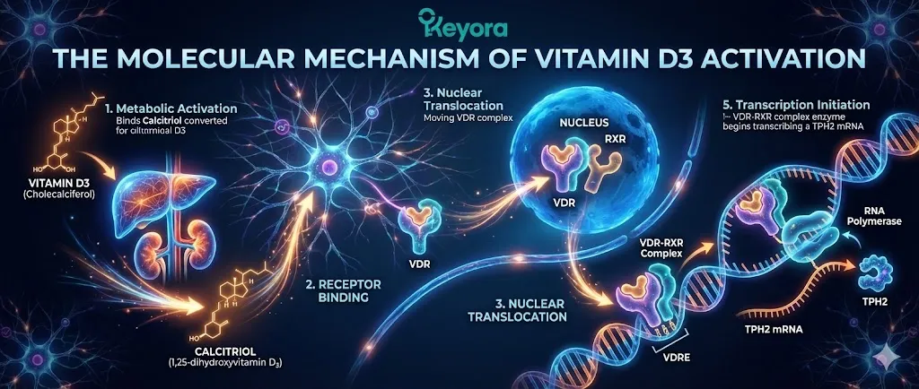 A scientific diagram titled "The Molecular Mechanism of Activation" illustrating the epigenetic reactivation of the TPH2 gene. The visual tracks Vitamin D3 (Cholecalciferol) conversion into its active form, Calcitriol, within the brain. The process depicts Calcitriol binding to the Vitamin D Receptor (VDR) and pairing with the Retinoid X Receptor (RXR). This VDR-RXR complex is shown translocating into the nucleus to bind with the VDRE sequence on the DNA strand. The final panel illustrates the initiation of transcription, where the complex recruits RNA Polymerase to "unzip" the DNA and produce the TPH2 enzyme. A scientific diagram titled "The Molecular Mechanism of Activation" illustrating the epigenetic reactivation of the TPH2 gene. The visual tracks Vitamin D3 (Cholecalciferol) conversion into its active form, Calcitriol, within the brain. The process depicts Calcitriol binding to the Vitamin D Receptor (VDR) and pairing with the Retinoid X Receptor (RXR). This VDR-RXR complex is shown translocating into the nucleus to bind with the VDRE sequence on the DNA strand. The final panel illustrates the initiation of transcription, where the complex recruits RNA Polymerase to "unzip" the DNA and produce the TPH2 enzyme.