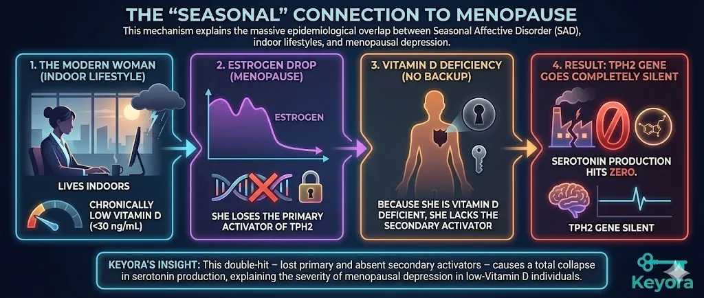A diagram titled "The 'Seasonal' Connection to Menopause" illustrating the overlap between lifestyle and biology. The visual shows a modern woman indoors with Vitamin D levels labeled as chronically low (<30 ng/mL). A comparison panel depicts the loss of the "Primary Activator" (Estrogen) alongside a missing "Secondary Activator" (Vitamin D). The TPH2 gene is shown in a "Completely Silent" state, represented by a dark or deactivated factory line. The final result highlights the "Serotonin hits zero" status, linking Seasonal Affective Disorder (SAD) and menopausal depression. A diagram titled "The 'Seasonal' Connection to Menopause" illustrating the overlap between lifestyle and biology. The visual shows a modern woman indoors with Vitamin D levels labeled as chronically low (<30 ng/mL). A comparison panel depicts the loss of the "Primary Activator" (Estrogen) alongside a missing "Secondary Activator" (Vitamin D). The TPH2 gene is shown in a "Completely Silent" state, represented by a dark or deactivated factory line. The final result highlights the "Serotonin hits zero" status, linking Seasonal Affective Disorder (SAD) and menopausal depression.