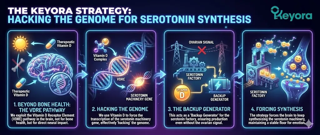 A conceptual diagram titled "The Keyora Strategy: Hacking the Genome." The visual depicts the use of Vitamin D as a "Backup Generator" for the Serotonin factory. It illustrates Vitamin D molecules entering the neuron to exploit the "VDRE Pathway." The graphic shows the Serotonin machinery continuing to run despite the "absence of the ovarian signal" (missing Estrogen). Final panel highlights the "Strategic Hack": forcing gene expression to maintain mood stability during menopause. A conceptual diagram titled "The Keyora Strategy: Hacking the Genome." The visual depicts the use of Vitamin D as a "Backup Generator" for the Serotonin factory. It illustrates Vitamin D molecules entering the neuron to exploit the "VDRE Pathway." The graphic shows the Serotonin machinery continuing to run despite the "absence of the ovarian signal" (missing Estrogen). Final panel highlights the "Strategic Hack": forcing gene expression to maintain mood stability during menopause.