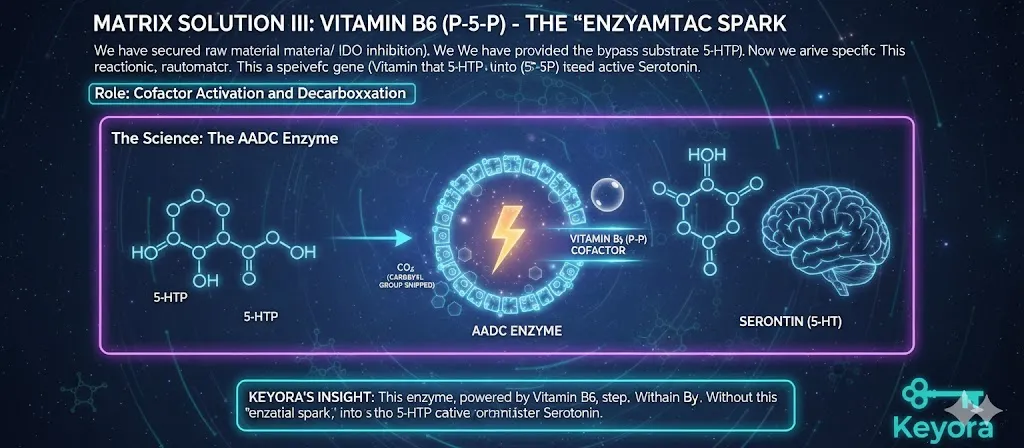 A scientific diagram titled "Matrix Solution III: Vitamin B6 (P-5-P) - The Enzymatic Spark." The visual focuses on the "Final Conversion Step" of the serotonin assembly line. It depicts the Aromatic L-amino acid decarboxylase (AADC) enzyme as a "machine." The process shows Vitamin B6 (P-5-P) acting as the "mandatory spark plug" or cofactor. The graphic illustrates "Decarboxylation": the chemical snipping of a carboxyl group from the 5-HTP molecule. The final panel shows the transformation into the bioactive neurotransmitter: 5-HT (Serotonin). A scientific diagram titled "Matrix Solution III: Vitamin B6 (P-5-P) - The Enzymatic Spark." The visual focuses on the "Final Conversion Step" of the serotonin assembly line. It depicts the Aromatic L-amino acid decarboxylase (AADC) enzyme as a "machine." The process shows Vitamin B6 (P-5-P) acting as the "mandatory spark plug" or cofactor. The graphic illustrates "Decarboxylation": the chemical snipping of a carboxyl group from the 5-HTP molecule. The final panel shows the transformation into the bioactive neurotransmitter: 5-HT (Serotonin).
