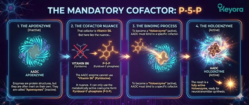 A molecular diagram titled "The Mandatory Cofactor: P-5-P" showing the activation of the AADC enzyme. The visual illustrates the difference between an "Apoenzyme" (inactive) and a "Holoenzyme" (active). AADC is depicted as an inert protein structure that requires a specific "spark plug" to function. The graphic highlights that generic Vitamin B6 (Pyridoxine) is incompatible with the enzyme. The metabolically active coenzyme form, Pyridoxal-5’-phosphate (P-5-P), is shown binding to the enzyme. The final panel shows the successful transition to a Holoenzyme, ready for serotonin conversion. A molecular diagram titled "The Mandatory Cofactor: P-5-P" showing the activation of the AADC enzyme. The visual illustrates the difference between an "Apoenzyme" (inactive) and a "Holoenzyme" (active). AADC is depicted as an inert protein structure that requires a specific "spark plug" to function. The graphic highlights that generic Vitamin B6 (Pyridoxine) is incompatible with the enzyme. The metabolically active coenzyme form, Pyridoxal-5’-phosphate (P-5-P), is shown binding to the enzyme. The final panel shows the successful transition to a Holoenzyme, ready for serotonin conversion.