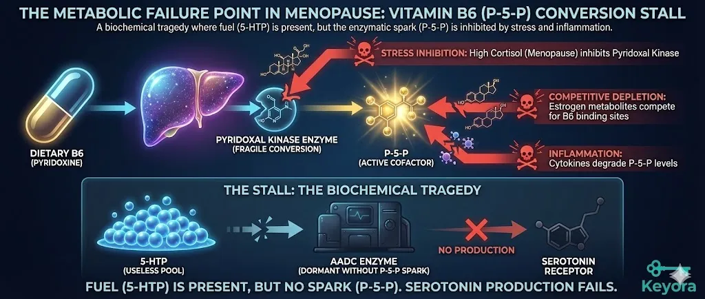 A scientific diagram titled "The Metabolic Failure Point in Menopause" illustrating the blockage of B6 conversion. The visual shows the liver's conversion of Pyridoxine into active P-5-P being inhibited by "Stress" and "High Cortisol." "Competitive Depletion" is depicted as Estrogen metabolites competing for B6 binding sites. "Inflammation" is illustrated as cytokines degrading P-5-P levels in the bloodstream. The graphic shows a "Stall" at the AADC enzyme: it remains dormant and inactive. The final panel depicts 5-HTP pooling uselessly, with the caption "Fuel but no Spark," highlighting the failure to produce Serotonin. A scientific diagram titled "The Metabolic Failure Point in Menopause" illustrating the blockage of B6 conversion. The visual shows the liver's conversion of Pyridoxine into active P-5-P being inhibited by "Stress" and "High Cortisol." "Competitive Depletion" is depicted as Estrogen metabolites competing for B6 binding sites. "Inflammation" is illustrated as cytokines degrading P-5-P levels in the bloodstream. The graphic shows a "Stall" at the AADC enzyme: it remains dormant and inactive. The final panel depicts 5-HTP pooling uselessly, with the caption "Fuel but no Spark," highlighting the failure to produce Serotonin.