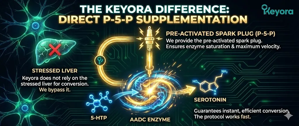 A scientific diagram titled "The Keyora Difference: Direct P-5-P Supplementation". The visual shows the bypass of the "stressed liver" conversion process by providing pure, bio-identical P-5-P. P-5-P is depicted as a "pre-activated spark plug" entering the serotonin assembly line. The graphic illustrates the AADC enzyme being "saturated" and running at "maximum velocity". Arrows show the instant and efficient conversion of 5-HTP molecules into active Serotonin. The final panel emphasizes the speed of the protocol due to this direct enzymatic activation. A scientific diagram titled "The Keyora Difference: Direct P-5-P Supplementation". The visual shows the bypass of the "stressed liver" conversion process by providing pure, bio-identical P-5-P. P-5-P is depicted as a "pre-activated spark plug" entering the serotonin assembly line. The graphic illustrates the AADC enzyme being "saturated" and running at "maximum velocity". Arrows show the instant and efficient conversion of 5-HTP molecules into active Serotonin. The final panel emphasizes the speed of the protocol due to this direct enzymatic activation.