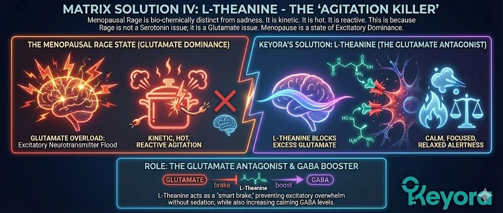 A scientific diagram titled "Matrix Solution IV: L-Theanine - The Agitation Killer." The visual illustrates the biochemical distinction between "Sadness" (Low Serotonin) and "Rage" (High Glutamate). "Menopausal Rage" is depicted as "hot," "kinetic," and "reactive," driven by "Excitatory Dominance." The graphic shows a neuron in a state of over-excitation due to excessive Glutamate. L-Theanine is shown intervening as the "Glutamate Antagonist" to restore balance. A scientific diagram titled "Matrix Solution IV: L-Theanine - The Agitation Killer." The visual illustrates the biochemical distinction between "Sadness" (Low Serotonin) and "Rage" (High Glutamate). "Menopausal Rage" is depicted as "hot," "kinetic," and "reactive," driven by "Excitatory Dominance." The graphic shows a neuron in a state of over-excitation due to excessive Glutamate. L-Theanine is shown intervening as the "Glutamate Antagonist" to restore balance.