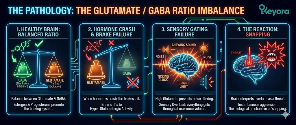 A diagram titled "The Pathology: The Glutamate / GABA Ratio" illustrating brain chemistry imbalance. The visual shows the "Gas Pedal" (Glutamate/Excitation) versus the "Brake Pedal" (GABA/Inhibition). Estrogen and Progesterone are depicted as "GABAergic" forces that keep the brakes working. The graphic shows the "Brake Failure" that occurs when these hormone levels crash during menopause. A state of "Hyper-Glutamatergic Activity" is illustrated, leading to "Sensory Gating Failure." The final panel depicts sensory inputs (noise, light) hitting the brain at "maximum volume," causing an aggression response. A diagram titled "The Pathology: The Glutamate / GABA Ratio" illustrating brain chemistry imbalance. The visual shows the "Gas Pedal" (Glutamate/Excitation) versus the "Brake Pedal" (GABA/Inhibition). Estrogen and Progesterone are depicted as "GABAergic" forces that keep the brakes working. The graphic shows the "Brake Failure" that occurs when these hormone levels crash during menopause. A state of "Hyper-Glutamatergic Activity" is illustrated, leading to "Sensory Gating Failure." The final panel depicts sensory inputs (noise, light) hitting the brain at "maximum volume," causing an aggression response.