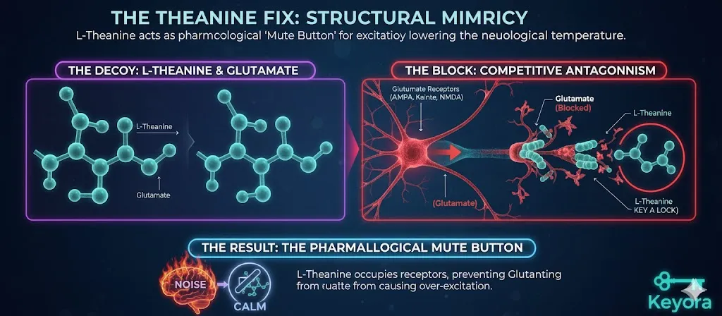 A scientific diagram titled "The Theanine Fix: Structural Mimicry" illustrating competitive antagonism. The visual shows L-Theanine as a "Decoy," highlighting its structural similarity to the Glutamate molecule. The graphic depicts L-Theanine entering the synaptic cleft and binding to AMPA, Kainate, and NMDA receptors. It illustrates the "Block" mechanism, where L-Theanine sits in the receptor like a "broken key" without activating it. The final panel shows real Glutamate being unable to bind, acting as a pharmacological "Mute Button" for excitatory noise. The result is a lowering of the "neurological temperature" and the restoration of calm. A scientific diagram titled "The Theanine Fix: Structural Mimicry" illustrating competitive antagonism. The visual shows L-Theanine as a "Decoy," highlighting its structural similarity to the Glutamate molecule. The graphic depicts L-Theanine entering the synaptic cleft and binding to AMPA, Kainate, and NMDA receptors. It illustrates the "Block" mechanism, where L-Theanine sits in the receptor like a "broken key" without activating it. The final panel shows real Glutamate being unable to bind, acting as a pharmacological "Mute Button" for excitatory noise. The result is a lowering of the "neurological temperature" and the restoration of calm.
