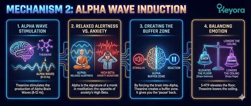 A brainwave diagram titled "Mechanism 2: Alpha Wave Induction" illustrating the shift in electrical activity. The visual shows the transition from "High Beta" waves (representing anxiety and stress) to Alpha Brain Waves (8-12 Hz). Alpha waves are labeled as the electrical signature of "Relaxed Alertness," symbolized by a "monk in meditation" icon. The graphic depicts a "buffer zone" or "pause" appearing between an external stimulus and the brain's reaction. The final panel illustrates the dual action: 5-HTP "elevating the floor" (stopping sadness) while Theanine "lowers the ceiling" (stopping rage). A brainwave diagram titled "Mechanism 2: Alpha Wave Induction" illustrating the shift in electrical activity. The visual shows the transition from "High Beta" waves (representing anxiety and stress) to Alpha Brain Waves (8-12 Hz). Alpha waves are labeled as the electrical signature of "Relaxed Alertness," symbolized by a "monk in meditation" icon. The graphic depicts a "buffer zone" or "pause" appearing between an external stimulus and the brain's reaction. The final panel illustrates the dual action: 5-HTP "elevating the floor" (stopping sadness) while Theanine "lowers the ceiling" (stopping rage).