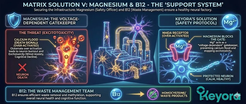A scientific diagram titled "Matrix Solution V: Magnesium & B12 - The Support System." The visual depicts the "Infrastructure" of the mood factory, featuring Magnesium and B12 as the "Safety Officer" and "Waste Management." The "Threat" panel illustrates "Excitotoxicity" occurring at the NMDA Receptor. Excessive Glutamate is shown keeping the NMDA gate open, allowing a toxic flood of Calcium into the neuron. The graphic labels Calcium as a "death signal," showing the neuron firing to the point of "burnout." The final section highlights the link between this process and "Wired Anxiety" or cognitive decline. A scientific diagram titled "Matrix Solution V: Magnesium & B12 - The Support System." The visual depicts the "Infrastructure" of the mood factory, featuring Magnesium and B12 as the "Safety Officer" and "Waste Management." The "Threat" panel illustrates "Excitotoxicity" occurring at the NMDA Receptor. Excessive Glutamate is shown keeping the NMDA gate open, allowing a toxic flood of Calcium into the neuron. The graphic labels Calcium as a "death signal," showing the neuron firing to the point of "burnout." The final section highlights the link between this process and "Wired Anxiety" or cognitive decline.