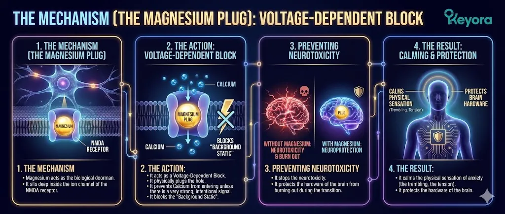 A scientific diagram titled "The Mechanism: The Magnesium Plug" illustrating neuroprotection. The visual depicts the NMDA receptor as a gateway with an ion channel. Magnesium is shown sitting deep inside the channel, acting as a "Biological Doorman." The "Action" shows Magnesium physically plugging the hole as a "Voltage-Dependent Block." This block is shown stopping the "Background Static" by preventing Calcium from entering the neuron. The final panel illustrates the result: stopping neurotoxicity, calming physical anxiety (trembling/tension), and protecting brain hardware from "burnout." A scientific diagram titled "The Mechanism: The Magnesium Plug" illustrating neuroprotection. The visual depicts the NMDA receptor as a gateway with an ion channel. Magnesium is shown sitting deep inside the channel, acting as a "Biological Doorman." The "Action" shows Magnesium physically plugging the hole as a "Voltage-Dependent Block." This block is shown stopping the "Background Static" by preventing Calcium from entering the neuron. The final panel illustrates the result: stopping neurotoxicity, calming physical anxiety (trembling/tension), and protecting brain hardware from "burnout."