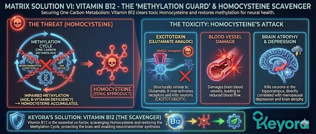 A scientific diagram titled "Vitamin B12: The Methylation Guard and Homocysteine Scavenger." The visual illustrates the "Methylation Cycle" (One-Carbon Metabolism) responsible for DNA repair and neurotransmitter synthesis. A "toxic byproduct" called Homocysteine is shown accumulating when methylation is impaired by age or B-vitamin deficiency. The graphic depicts Homocysteine as a "structural analog of Glutamate," acting as an excitotoxin. The final panel shows the damage: blood vessel degradation in the brain and the killing of neurons in the hippocampus, leading to brain atrophy. A scientific diagram titled "Vitamin B12: The Methylation Guard and Homocysteine Scavenger." The visual illustrates the "Methylation Cycle" (One-Carbon Metabolism) responsible for DNA repair and neurotransmitter synthesis. A "toxic byproduct" called Homocysteine is shown accumulating when methylation is impaired by age or B-vitamin deficiency. The graphic depicts Homocysteine as a "structural analog of Glutamate," acting as an excitotoxin. The final panel shows the damage: blood vessel degradation in the brain and the killing of neurons in the hippocampus, leading to brain atrophy.