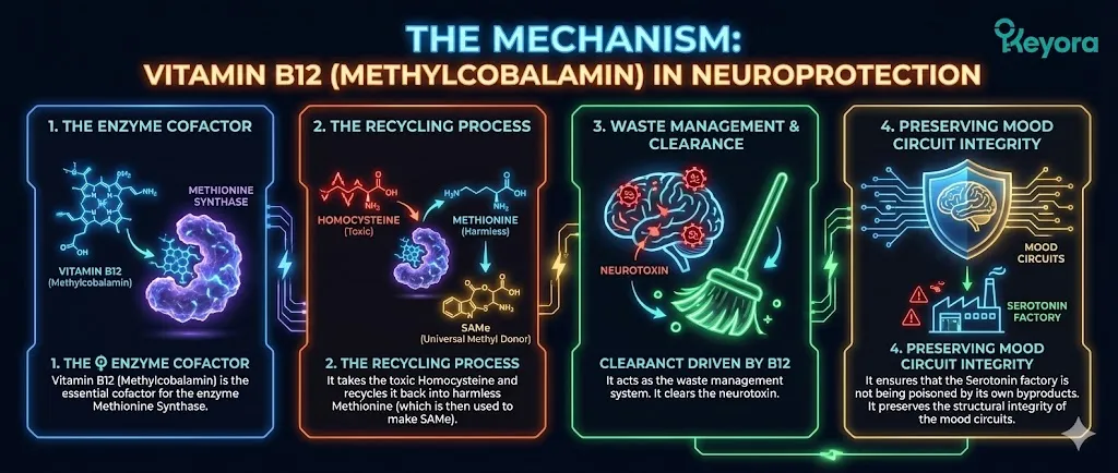 A scientific diagram titled "The Mechanism: B12 Recycling" illustrating the methylation pathway. The visual shows Vitamin B12 (Methylcobalamin) acting as the essential cofactor for the enzyme Methionine Synthase. The process depicts the recycling of toxic Homocysteine back into harmless Methionine. Methionine is then shown being used to produce SAMe, labeled as the "Universal Methyl Donor." The graphic uses a "Waste Management" metaphor to show the clearing of neurotoxins from the brain's environment. The final panel emphasizes the "structural integrity" of mood circuits, protected from internal poisoning. A scientific diagram titled "The Mechanism: B12 Recycling" illustrating the methylation pathway. The visual shows Vitamin B12 (Methylcobalamin) acting as the essential cofactor for the enzyme Methionine Synthase. The process depicts the recycling of toxic Homocysteine back into harmless Methionine. Methionine is then shown being used to produce SAMe, labeled as the "Universal Methyl Donor." The graphic uses a "Waste Management" metaphor to show the clearing of neurotoxins from the brain's environment. The final panel emphasizes the "structural integrity" of mood circuits, protected from internal poisoning.