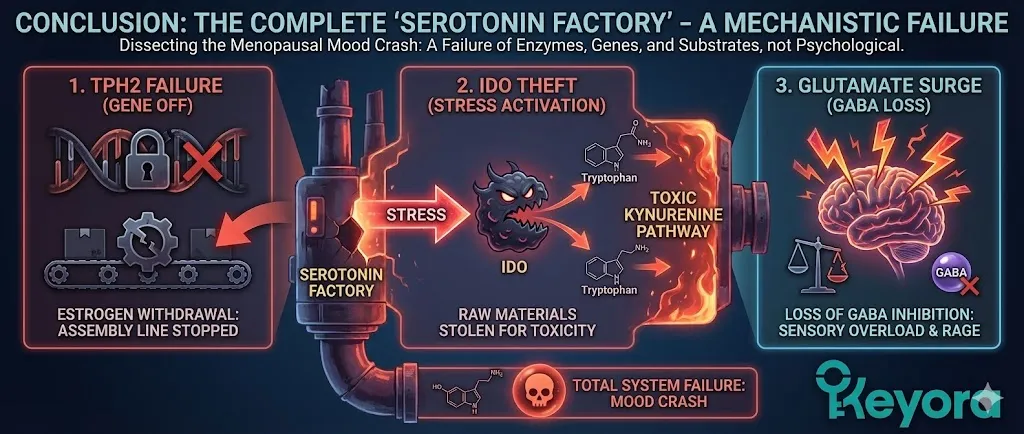 A comprehensive summary diagram titled "The Complete 'Serotonin Factory' in Menopause." The visual integrates the three primary failures: TPH2 Failure: Depicting estrogen withdrawal turning off the gene and stopping the assembly line. IDO Theft: Showing stress activating the "evil twin" pathway and stealing tryptophan for toxic Quinolinic Acid. Glutamate Surge: Illustrating the loss of GABAergic "brakes" leading to sensory overload and rage. The graphic emphasizes the transition from a "Psychological" misunderstanding to a "Mechanistic" reality of enzymes, genes, and substrates. A comprehensive summary diagram titled "The Complete 'Serotonin Factory' in Menopause." The visual integrates the three primary failures: TPH2 Failure: Depicting estrogen withdrawal turning off the gene and stopping the assembly line. IDO Theft: Showing stress activating the "evil twin" pathway and stealing tryptophan for toxic Quinolinic Acid. Glutamate Surge: Illustrating the loss of GABAergic "brakes" leading to sensory overload and rage. The graphic emphasizes the transition from a "Psychological" misunderstanding to a "Mechanistic" reality of enzymes, genes, and substrates.