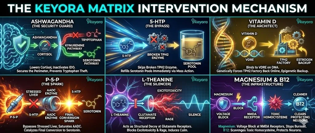 A strategic overview diagram titled "The Keyora Matrix Intervention" mapping the step-by-step restoration of brain chemistry. The visual displays the six components acting in a specific tactical order: Ashwagandha: Positioned as "The Security Guard" securing the tryptophan perimeter. 5-HTP: Labeled "The Bypass" dropping supplies past the TPH2 bottleneck. Vitamin D: Shown as "The Architect" at the DNA level activating the backup generator. P-5-P: Depicted as "The Spark" igniting the final conversion at the AADC enzyme. L-Theanine: Represented as "The Silencer" muting glutamate receptors to stop rage. Magnesium & B12: Shown as "The Infrastructure" providing the final protective voltage block and waste removal. A strategic overview diagram titled "The Keyora Matrix Intervention" mapping the step-by-step restoration of brain chemistry. The visual displays the six components acting in a specific tactical order: Ashwagandha: Positioned as "The Security Guard" securing the tryptophan perimeter. 5-HTP: Labeled "The Bypass" dropping supplies past the TPH2 bottleneck. Vitamin D: Shown as "The Architect" at the DNA level activating the backup generator. P-5-P: Depicted as "The Spark" igniting the final conversion at the AADC enzyme. L-Theanine: Represented as "The Silencer" muting glutamate receptors to stop rage. Magnesium & B12: Shown as "The Infrastructure" providing the final protective voltage block and waste removal.