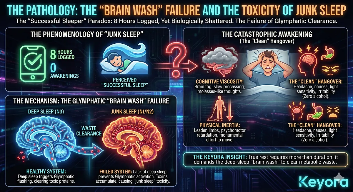 The Pathology of "Junk Sleep" describes the paradoxical state of the "Successful Sleeper" (8 hours of sleep, zero conscious awakenings) who wakes up biologically shattered. Clinical symptoms include Cognitive Viscosity (brain fog, slow processing), Physical Inertia (leaden limbs, psychomotor retardation), and a "Clean" Hangover (headache, nausea, light sensitivity) due to the failure to achieve restorative deep sleep stages. The Pathology of "Junk Sleep" describes the paradoxical state of the "Successful Sleeper" (8 hours of sleep, zero conscious awakenings) who wakes up biologically shattered. Clinical symptoms include Cognitive Viscosity (brain fog, slow processing), Physical Inertia (leaden limbs, psychomotor retardation), and a "Clean" Hangover (headache, nausea, light sensitivity) due to the failure to achieve restorative deep sleep stages.