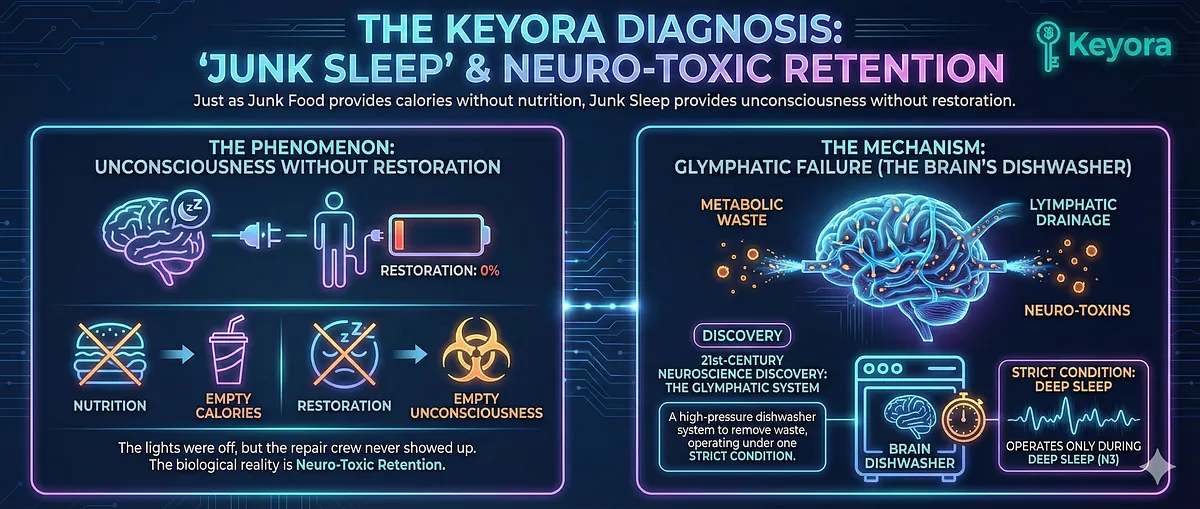 Keyora defines the post-sleep exhaustion as "Junk Sleep," providing unconsciousness without restoration, resulting in Neuro-Toxic Retention. This failure is linked to the Glymphatic System, the brain's specialized high-pressure "dishwasher" discovered in 21st-century sleep neuroscience, which removes metabolic waste and toxic proteins like beta-amyloid, but only operates under a single strict condition. Keyora defines the post-sleep exhaustion as "Junk Sleep," providing unconsciousness without restoration, resulting in Neuro-Toxic Retention. This failure is linked to the Glymphatic System, the brain's specialized high-pressure "dishwasher" discovered in 21st-century sleep neuroscience, which removes metabolic waste and toxic proteins like beta-amyloid, but only operates under a single strict condition.