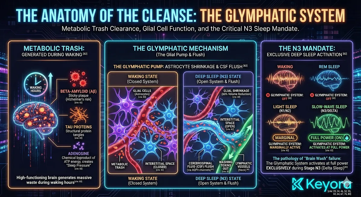The Glymphatic System cleanse involves Astrocytes (Glial Cells) physically shrinking by up to 60% during deep sleep, opening the Interstitial Space. Cerebrospinal Fluid (CSF) then rushes in via Aquaporin-4 (AQP4) channels to flush metabolic toxins like Beta-Amyloid, Tau Proteins, and Adenosine from the brain tissue into neck lymphatic vessels The Glymphatic System cleanse involves Astrocytes (Glial Cells) physically shrinking by up to 60% during deep sleep, opening the Interstitial Space. Cerebrospinal Fluid (CSF) then rushes in via Aquaporin-4 (AQP4) channels to flush metabolic toxins like Beta-Amyloid, Tau Proteins, and Adenosine from the brain tissue into neck lymphatic vessels