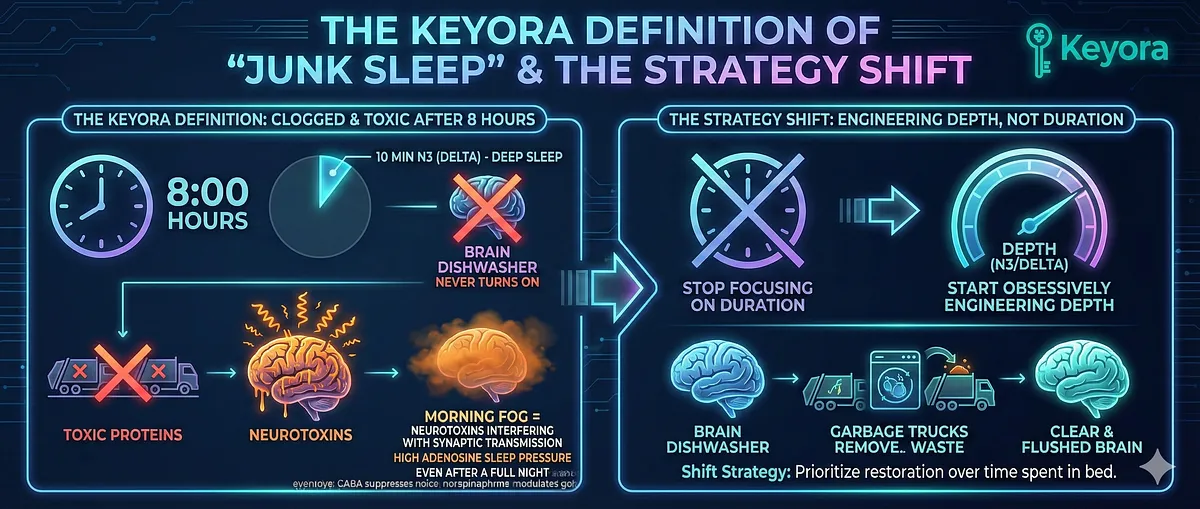 Keyora defines "Junk Sleep" as an 8-hour sleep with minimal Stage N3 (Delta), meaning the Glymphatic system "dishwasher" never turns on. The brain remains clogged with toxic proteins, causing "Morning Fog," which is not caffeine deficiency but neurotoxins interfering with synaptic transmission. The strategy must shift from focusing on sleep duration to obsessively engineering N3 depth for true restoration. Keyora defines "Junk Sleep" as an 8-hour sleep with minimal Stage N3 (Delta), meaning the Glymphatic system "dishwasher" never turns on. The brain remains clogged with toxic proteins, causing "Morning Fog," which is not caffeine deficiency but neurotoxins interfering with synaptic transmission. The strategy must shift from focusing on sleep duration to obsessively engineering N3 depth for true restoration.
