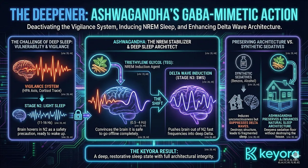 Ashwagandha acts as the "Deep Sleep Architect" in the Keyora Protocol, convincing the brain to enter vulnerable N3 Slow-Wave Sleep (Delta, 0.5–4 Hz) by completely deactivating the HPA Axis Vigilance System. Its bioactive component, Triethylene Glycol (TEG), induces Non-Rapid Eye Movement (NREM) sleep by acting on GABA receptors, pushing the cortex out of light N2 sleep frequencies and enhancing natural Delta architecture without suppression, unlike synthetic sedatives. Ashwagandha acts as the "Deep Sleep Architect" in the Keyora Protocol, convincing the brain to enter vulnerable N3 Slow-Wave Sleep (Delta, 0.5–4 Hz) by completely deactivating the HPA Axis Vigilance System. Its bioactive component, Triethylene Glycol (TEG), induces Non-Rapid Eye Movement (NREM) sleep by acting on GABA receptors, pushing the cortex out of light N2 sleep frequencies and enhancing natural Delta architecture without suppression, unlike synthetic sedatives.