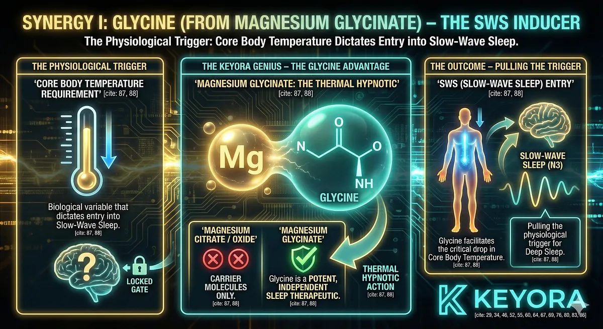 Magnesium regulates the cellular mechanics of the Glymphatic cleanse by acting as a critical cofactor for the ion pumps that control Astrocytic cell volume. Sufficient Magnesium is required to facilitate the maximal shrinkage of the astrocyte , which must shrink by up to 60% to open the Interstitial Space for the CSF flush. Keyora uses the synergy of Magnesium (for Glial Shrinkage) and Glycine (for Thermoregulatory Trigger) to force the body into the cleansing temperature range.The Keyora Formulation uses Magnesium Glycinate specifically because Glycine acts as a potent, independent sleep therapeutic and the "Thermal Hypnotic." Glycine is the critical biological variable that dictates entry into Slow-Wave Sleep (SWS). By focusing on this synergy over common carriers like Citrate or Oxide, Keyora aims to pull the physiological trigger for deep sleep, which is fundamentally regulated by core body temperature. Magnesium regulates the cellular mechanics of the Glymphatic cleanse by acting as a critical cofactor for the ion pumps that control Astrocytic cell volume. Sufficient Magnesium is required to facilitate the maximal shrinkage of the astrocyte , which must shrink by up to 60% to open the Interstitial Space for the CSF flush. Keyora uses the synergy of Magnesium (for Glial Shrinkage) and Glycine (for Thermoregulatory Trigger) to force the body into the cleansing temperature range.The Keyora Formulation uses Magnesium Glycinate specifically because Glycine acts as a potent, independent sleep therapeutic and the "Thermal Hypnotic." Glycine is the critical biological variable that dictates entry into Slow-Wave Sleep (SWS). By focusing on this synergy over common carriers like Citrate or Oxide, Keyora aims to pull the physiological trigger for deep sleep, which is fundamentally regulated by core body temperature.