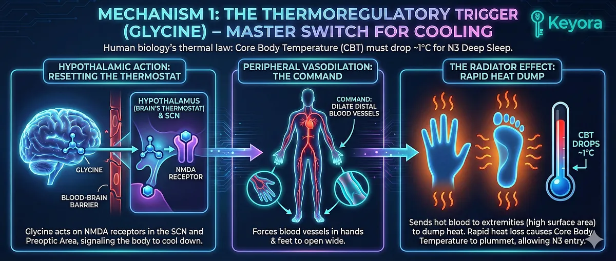 Glycine acts as the "Thermoregulatory Trigger" for deep sleep, which requires a Core Body Temperature (CBT) drop of approximately $1^circ text{C}$. Glycine crosses the blood-brain barrier, acts on the Hypothalamus (SCN/Preoptic Area), and triggers peripheral vasodilation . This "Radiator Effect" sends hot blood to the extremities for rapid heat loss, causing the CBT to plummet, thus permitting entry into N3 Deep Sleep. Glycine acts as the "Thermoregulatory Trigger" for deep sleep, which requires a Core Body Temperature (CBT) drop of approximately $1^circ text{C}$. Glycine crosses the blood-brain barrier, acts on the Hypothalamus (SCN/Preoptic Area), and triggers peripheral vasodilation . This "Radiator Effect" sends hot blood to the extremities for rapid heat loss, causing the CBT to plummet, thus permitting entry into N3 Deep Sleep.