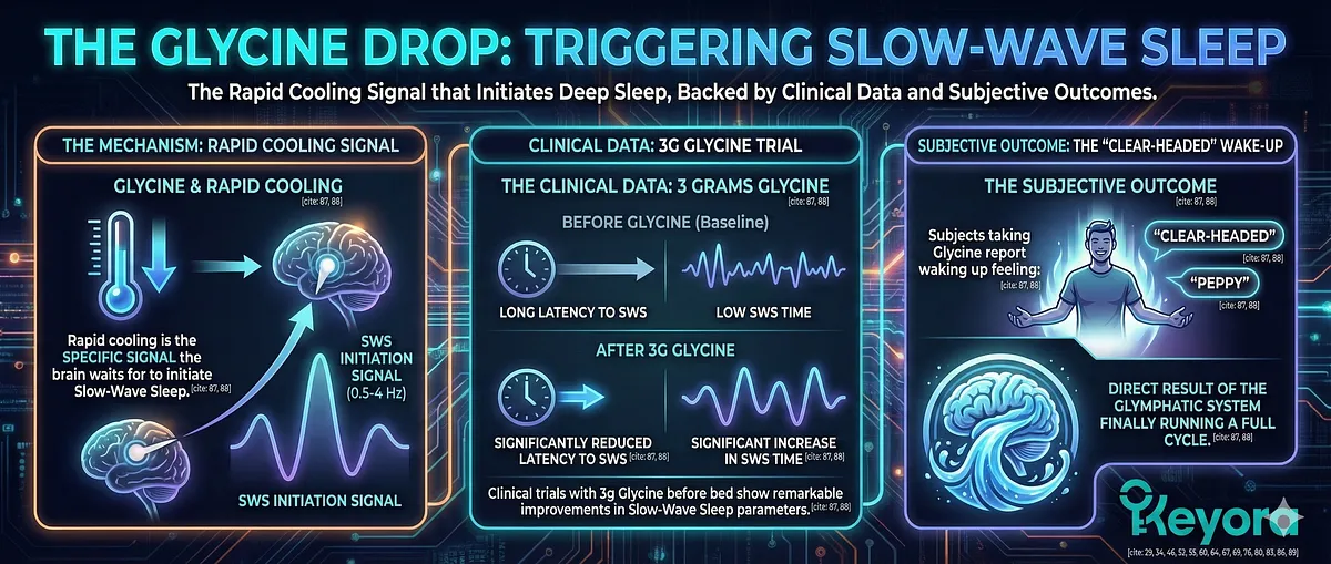 The "Glycine Drop" refers to the rapid core body temperature reduction that serves as the specific signal for the brain to initiate Slow-Wave Sleep (SWS). Clinical data shows that 3 grams of Glycine significantly reduces SWS latency and increases total time spent in SWS . Subjectively, this ensures subjects wake up feeling "Clear-headed" and "Peppy," which is the direct result of the Glymphatic System successfully completing its full cleansing cycle. The "Glycine Drop" refers to the rapid core body temperature reduction that serves as the specific signal for the brain to initiate Slow-Wave Sleep (SWS). Clinical data shows that 3 grams of Glycine significantly reduces SWS latency and increases total time spent in SWS . Subjectively, this ensures subjects wake up feeling "Clear-headed" and "Peppy," which is the direct result of the Glymphatic System successfully completing its full cleansing cycle.