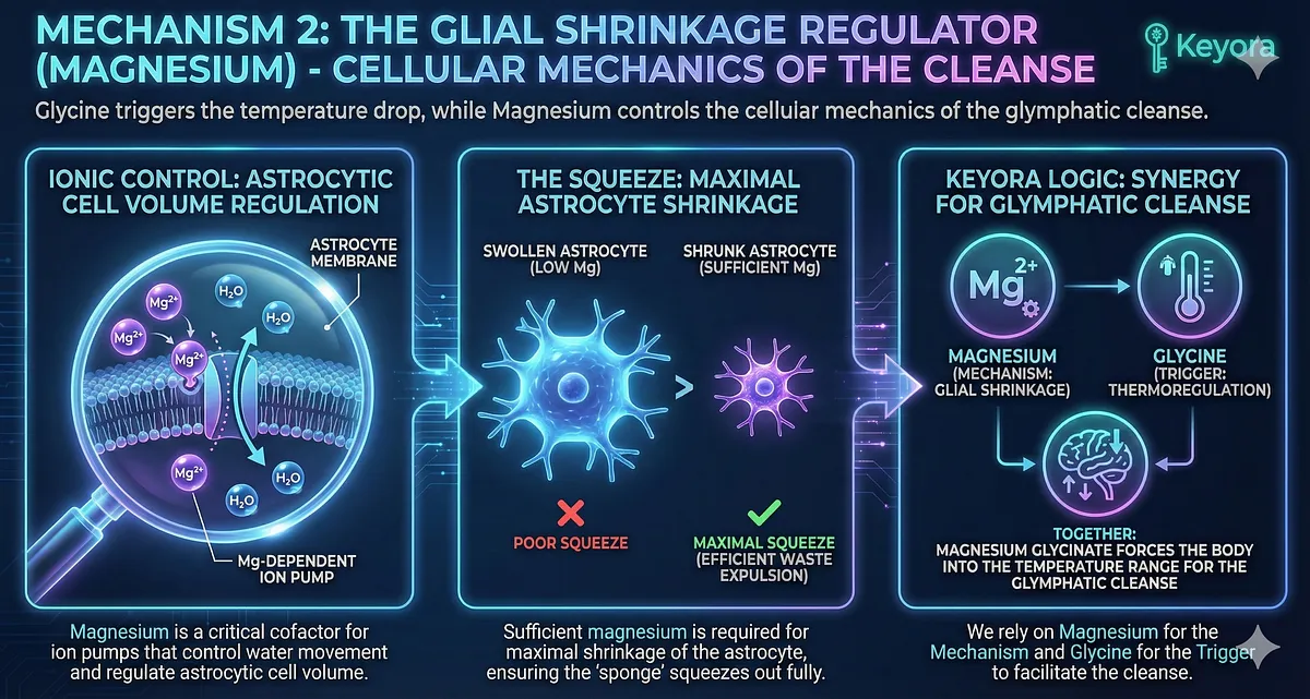 Magnesium regulates the cellular mechanics of the Glymphatic cleanse by acting as a critical cofactor for the ion pumps that control Astrocytic cell volume. Sufficient Magnesium is required to facilitate the maximal shrinkage of the astrocyte , which must shrink by up to 60% to open the Interstitial Space for the CSF flush. Keyora uses the synergy of Magnesium (for Glial Shrinkage) and Glycine (for Thermoregulatory Trigger) to force the body into the cleansing temperature range. Magnesium regulates the cellular mechanics of the Glymphatic cleanse by acting as a critical cofactor for the ion pumps that control Astrocytic cell volume. Sufficient Magnesium is required to facilitate the maximal shrinkage of the astrocyte , which must shrink by up to 60% to open the Interstitial Space for the CSF flush. Keyora uses the synergy of Magnesium (for Glial Shrinkage) and Glycine (for Thermoregulatory Trigger) to force the body into the cleansing temperature range.