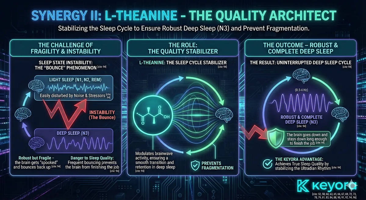 L-Theanine acts as the Quality Stabilizer, addressing "Sleep State Instability" (the bouncing back from deep to light sleep caused by stressors or noise). By reinforcing the resilience of the Ultradian Rhythm (the 4-5 cycles through N1, N2, N3, REM stages per night), L-Theanine ensures that once the brain enters deep sleep, it maintains that state long enough for complete restoration, thus enhancing overall sleep quality and architecture. L-Theanine acts as the Quality Stabilizer, addressing "Sleep State Instability" (the bouncing back from deep to light sleep caused by stressors or noise). By reinforcing the resilience of the Ultradian Rhythm (the 4-5 cycles through N1, N2, N3, REM stages per night), L-Theanine ensures that once the brain enters deep sleep, it maintains that state long enough for complete restoration, thus enhancing overall sleep quality and architecture.
