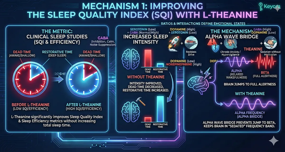 L-Theanine significantly improves the Sleep Quality Index (SQI) and Sleep Efficiency, meaning the intensity of sleep increases and "Restorative Time" is maximized without increasing total sleep time. By promoting Alpha waves, Theanine acts as a frequency bridge, preventing the brain from jumping from Alpha (relaxed) to Beta (alertness) during micro-arousals, thus maintaining the brain in a sedated frequency band and stabilizing sleep quality. L-Theanine significantly improves the Sleep Quality Index (SQI) and Sleep Efficiency, meaning the intensity of sleep increases and "Restorative Time" is maximized without increasing total sleep time. By promoting Alpha waves, Theanine acts as a frequency bridge, preventing the brain from jumping from Alpha (relaxed) to Beta (alertness) during micro-arousals, thus maintaining the brain in a sedated frequency band and stabilizing sleep quality.