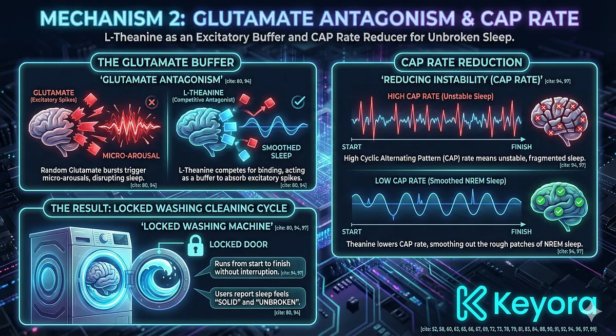 L-Theanine enhances sleep quality by acting as a competitive antagonist to the excitatory neurotransmitter Glutamate, thus absorbing random excitatory spikes that trigger micro-arousals. By lowering the Cyclic Alternating Pattern (CAP) rate , L-Theanine reduces sleep instability, smoothing the rough patches of NREM sleep and ensuring the Glymphatic "Cleaning Cycle" runs uninterrupted, resulting in "solid" and "unbroken" sleep. L-Theanine enhances sleep quality by acting as a competitive antagonist to the excitatory neurotransmitter Glutamate, thus absorbing random excitatory spikes that trigger micro-arousals. By lowering the Cyclic Alternating Pattern (CAP) rate , L-Theanine reduces sleep instability, smoothing the rough patches of NREM sleep and ensuring the Glymphatic "Cleaning Cycle" runs uninterrupted, resulting in "solid" and "unbroken" sleep.