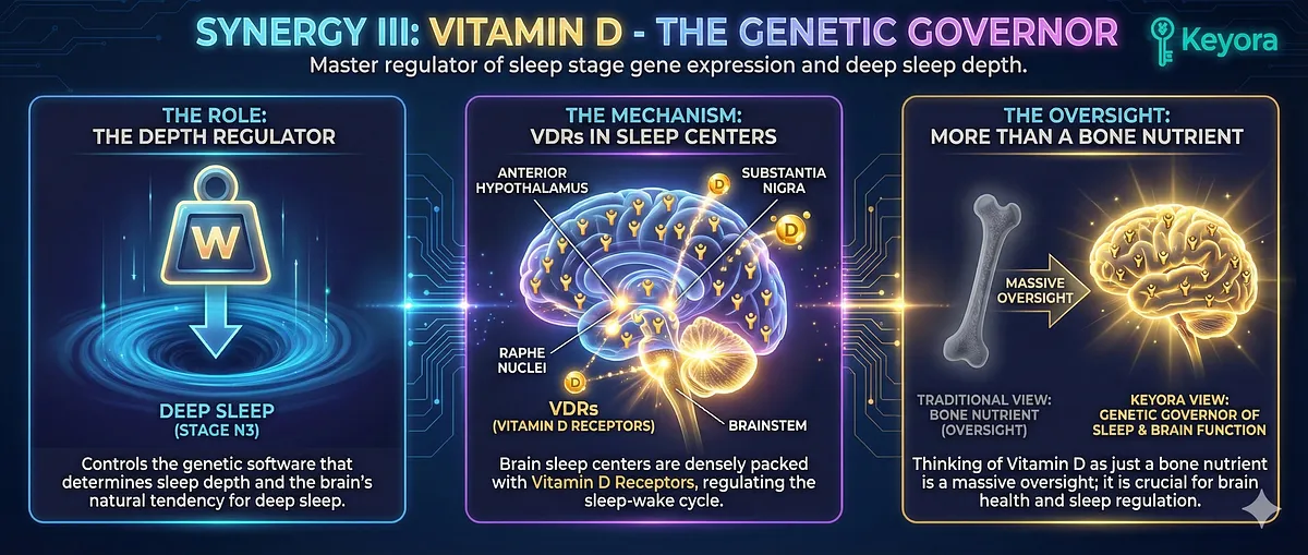 Synergy III introduces Vitamin D as the "Genetic Governor" and Depth Regulator, crucial for controlling sleep stage architecture via gene expression in the brainstem. The brain regions responsible for sleep regulation, including the Anterior Hypothalamus, Substantia Nigra, and Raphe Nuclei, are densely packed with Vitamin D Receptors (VDRs), indicating its role extends far beyond bone health into core neurological function. Synergy III introduces Vitamin D as the "Genetic Governor" and Depth Regulator, crucial for controlling sleep stage architecture via gene expression in the brainstem. The brain regions responsible for sleep regulation, including the Anterior Hypothalamus, Substantia Nigra, and Raphe Nuclei, are densely packed with Vitamin D Receptors (VDRs), indicating its role extends far beyond bone health into core neurological function.