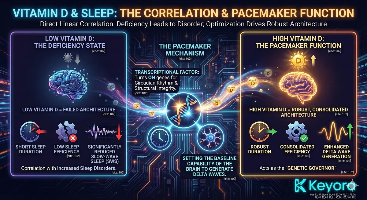 Clinical data shows a direct, inverse linear correlation between Vitamin D levels and sleep quality: deficiency leads to short duration, low efficiency, and reduced Slow-Wave Sleep (SWS), while high levels correlate with robust sleep . Vitamin D acts as a transcriptional factor and the "Genetic Governor," setting the baseline capability of sleep neurons to generate restorative Delta waves, thus influencing the structural integrity of sleep architecture. Clinical data shows a direct, inverse linear correlation between Vitamin D levels and sleep quality: deficiency leads to short duration, low efficiency, and reduced Slow-Wave Sleep (SWS), while high levels correlate with robust sleep . Vitamin D acts as a transcriptional factor and the "Genetic Governor," setting the baseline capability of sleep neurons to generate restorative Delta waves, thus influencing the structural integrity of sleep architecture.