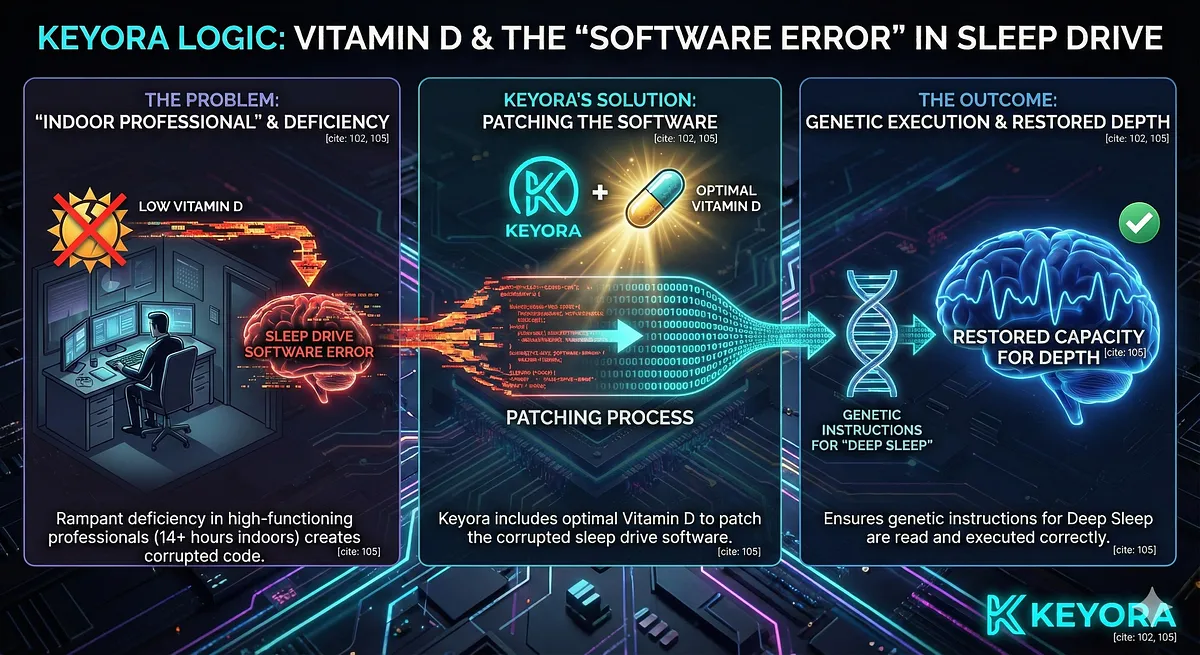 Keyora addresses rampant Vitamin D deficiency in high-functioning professionals, which creates a "Software Error" in the sleep drive (corrupted genetic code for deep sleep). By including optimal Vitamin D in the Matrix, Keyora patches the software, ensuring the genetic instructions for generating Delta waves and "Deep Sleep" are correctly read and executed, thus restoring the brain's inherent capacity for depth. Keyora addresses rampant Vitamin D deficiency in high-functioning professionals, which creates a "Software Error" in the sleep drive (corrupted genetic code for deep sleep). By including optimal Vitamin D in the Matrix, Keyora patches the software, ensuring the genetic instructions for generating Delta waves and "Deep Sleep" are correctly read and executed, thus restoring the brain's inherent capacity for depth.