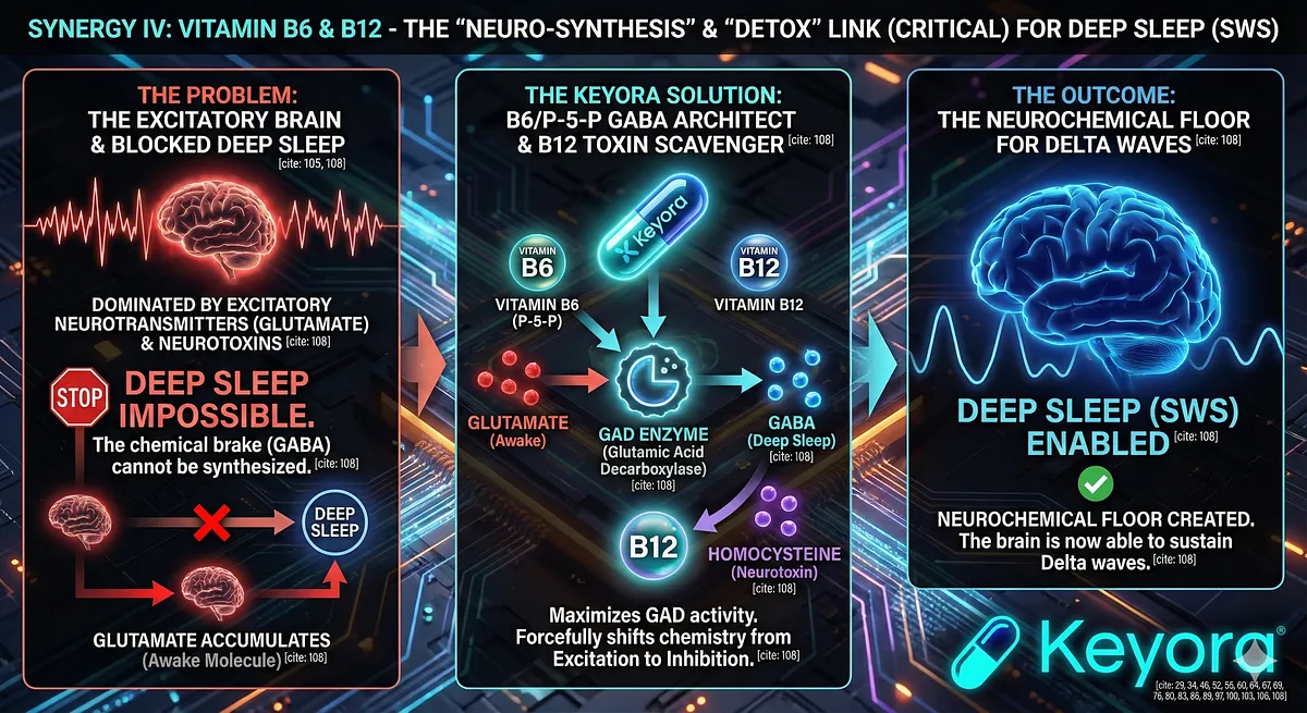 Synergy IV utilizes Vitamins B6 (P-5-P) and B12 as the "Chemical Foundation" for SWS, acting as the GABA Architect and Toxin Scavenger. Vitamin B6, in its active P-5-P form, is the critical cofactor for the Glutamic Acid Decarboxylase (GAD) enzyme that converts excitatory Glutamate into inhibitory GABA ("Deep Sleep Molecule"). Keyora solves B6 deficiency pathology by maximizing GAD activity, shifting the brain's chemistry from Excitation to Inhibition to create the neurochemical floor for Delta waves. Synergy IV utilizes Vitamins B6 (P-5-P) and B12 as the "Chemical Foundation" for SWS, acting as the GABA Architect and Toxin Scavenger. Vitamin B6, in its active P-5-P form, is the critical cofactor for the Glutamic Acid Decarboxylase (GAD) enzyme that converts excitatory Glutamate into inhibitory GABA ("Deep Sleep Molecule"). Keyora solves B6 deficiency pathology by maximizing GAD activity, shifting the brain's chemistry from Excitation to Inhibition to create the neurochemical floor for Delta waves.