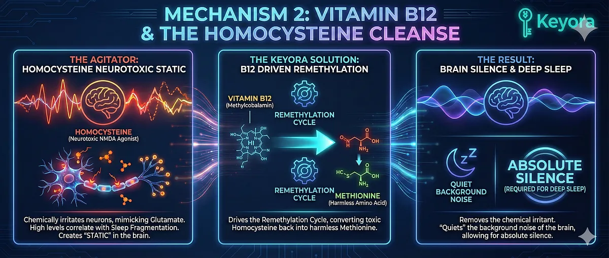 Vitamin B12 (Methylcobalamin) functions as the "Toxin Scavenger" by driving the Remethylation Cycle, which converts the neurotoxic amino acid Homocysteine back into harmless Methionine. Homocysteine acts as an NMDA Agonist, chemically irritating neurons and causing "Static" that is correlated with Sleep Fragmentation and poor SWS depth. . Keyora's B12 component removes this chemical irritant to achieve the neurological quietude required for sustained Deep Sleep. Vitamin B12 (Methylcobalamin) functions as the "Toxin Scavenger" by driving the Remethylation Cycle, which converts the neurotoxic amino acid Homocysteine back into harmless Methionine. Homocysteine acts as an NMDA Agonist, chemically irritating neurons and causing "Static" that is correlated with Sleep Fragmentation and poor SWS depth. . Keyora's B12 component removes this chemical irritant to achieve the neurological quietude required for sustained Deep Sleep.