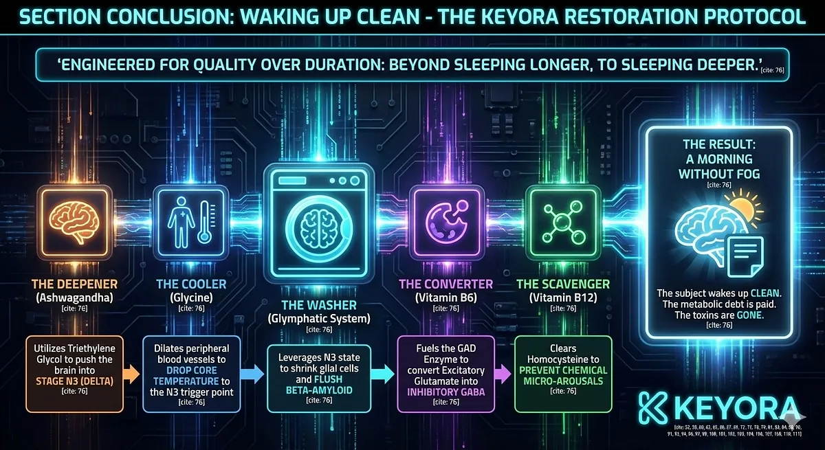 The Keyora Restoration Protocol shifts the goal from duration to quality, successfully engineering the Glymphatic Wash via a precise physiological sequence : Ashwagandha (Deepener) induces N3 Delta; Glycine (Cooler) drops core temperature via peripheral vasodilation; the N3 state (Washer) shrinks glial cells to flush Beta-Amyloid; Vitamin B6 (Converter) fuels GAD to synthesize inhibitory GABA; and Vitamin B12 (Scavenger) clears neurotoxic Homocysteine. The result is a morning free of fog, where metabolic debt is paid, and the subject wakes up clean. The Keyora Restoration Protocol shifts the goal from duration to quality, successfully engineering the Glymphatic Wash via a precise physiological sequence : Ashwagandha (Deepener) induces N3 Delta; Glycine (Cooler) drops core temperature via peripheral vasodilation; the N3 state (Washer) shrinks glial cells to flush Beta-Amyloid; Vitamin B6 (Converter) fuels GAD to synthesize inhibitory GABA; and Vitamin B12 (Scavenger) clears neurotoxic Homocysteine. The result is a morning free of fog, where metabolic debt is paid, and the subject wakes up clean.
