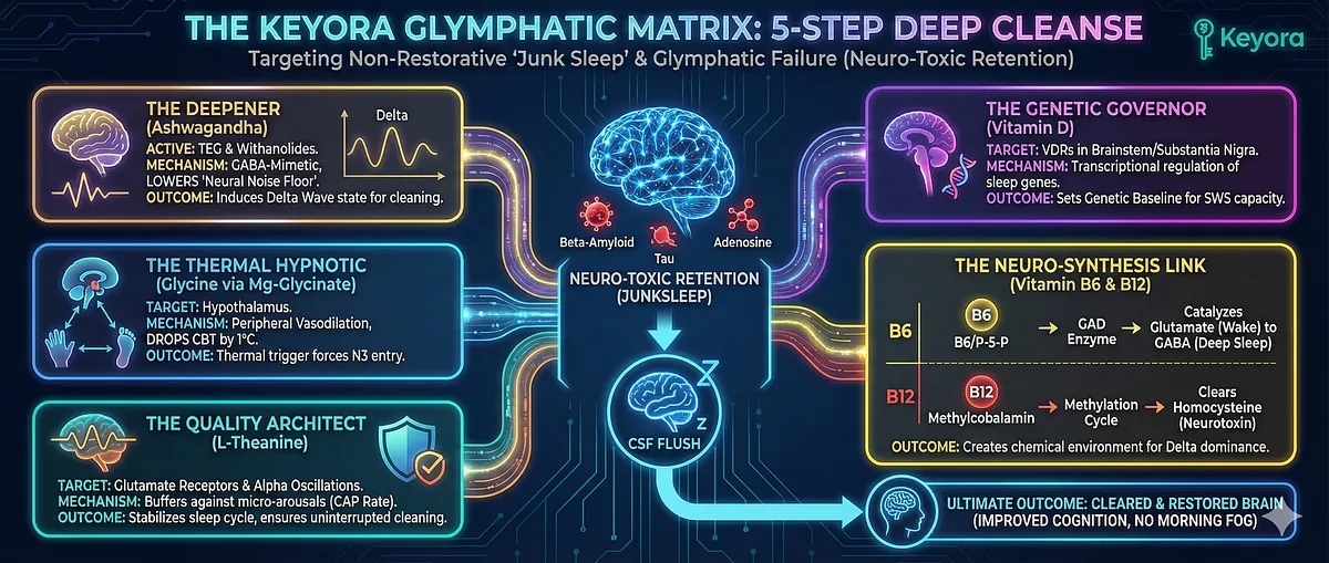 The Keyora Glymphatic Matrix targets Non-Restorative Sleep (Junk Sleep) by forcing N3 Deep Sleep, the only state where Astrocyte Shrinkage allows CSF to flush neurotoxins (Beta-Amyloid, Adenosine). Ashwagandha induces Delta waves; Glycine drops Core Body Temperature by $1^circ text{C}$ (Thermal Trigger); L-Theanine stabilizes cycles; B6/B12 convert excitatory Glutamate to GABA and clear neurotoxic Homocysteine, ensuring a full Glymphatic Cleanse. The Keyora Glymphatic Matrix targets Non-Restorative Sleep (Junk Sleep) by forcing N3 Deep Sleep, the only state where Astrocyte Shrinkage allows CSF to flush neurotoxins (Beta-Amyloid, Adenosine). Ashwagandha induces Delta waves; Glycine drops Core Body Temperature by $1^circ text{C}$ (Thermal Trigger); L-Theanine stabilizes cycles; B6/B12 convert excitatory Glutamate to GABA and clear neurotoxic Homocysteine, ensuring a full Glymphatic Cleanse.