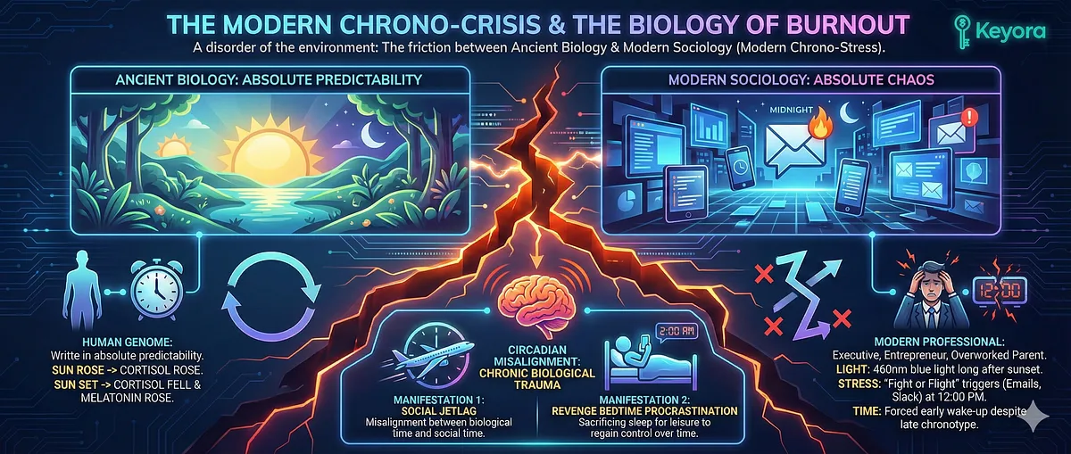 The Modern Chrono-Crisis is a failure of biological alignment between ancient human biology (sun-regulated cortisol/melatonin) and modern chaos. High-functioning professionals experience constant blue light and late-night stress triggers (emails), leading to chronic Circadian Misalignment. This pathology manifests as Social Jetlag and Revenge Bedtime Procrastination, breaking the body's internal clock. The Modern Chrono-Crisis is a failure of biological alignment between ancient human biology (sun-regulated cortisol/melatonin) and modern chaos. High-functioning professionals experience constant blue light and late-night stress triggers (emails), leading to chronic Circadian Misalignment. This pathology manifests as Social Jetlag and Revenge Bedtime Procrastination, breaking the body's internal clock.