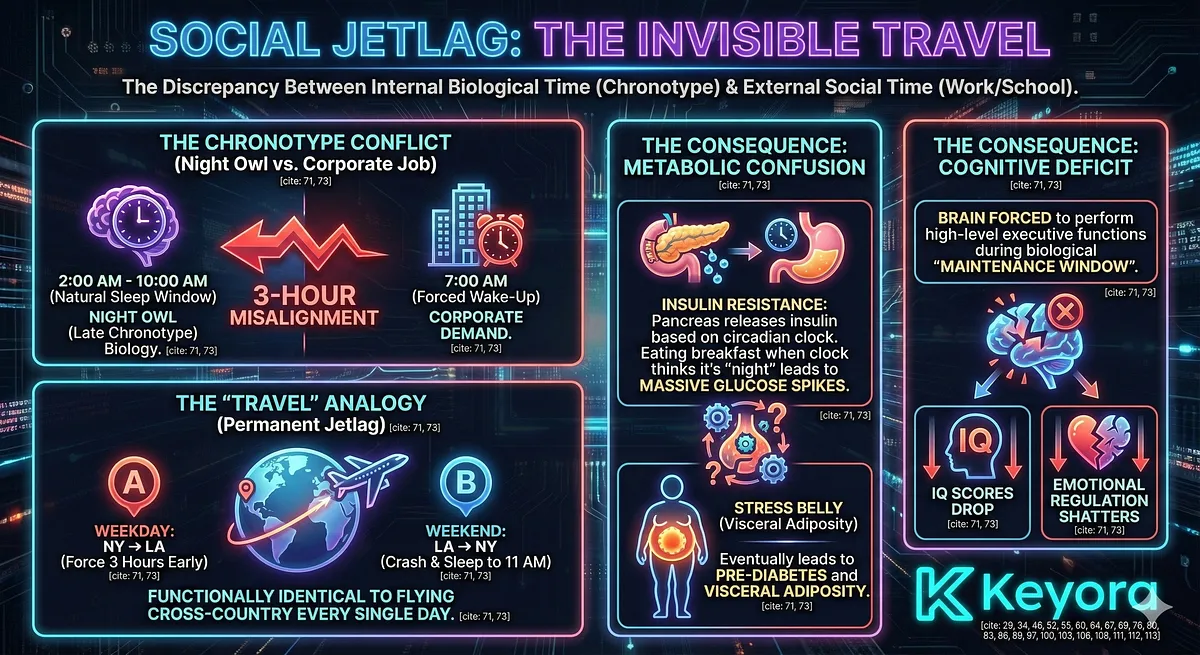 Social Jetlag is the discrepancy between an individual’s Internal Biological Time (Chronotype) and their External Social Time (work schedule), functionally identical to flying across time zones daily. Forcing a night owl to wake 3 hours early causes a permanent state of jetlag, confusing metabolic machinery . Consequences include insulin resistance (releasing insulin when the clock thinks it is night) and cognitive deficits (impaired IQ/emotional regulation) during the biological "maintenance window." Social Jetlag is the discrepancy between an individual’s Internal Biological Time (Chronotype) and their External Social Time (work schedule), functionally identical to flying across time zones daily. Forcing a night owl to wake 3 hours early causes a permanent state of jetlag, confusing metabolic machinery . Consequences include insulin resistance (releasing insulin when the clock thinks it is night) and cognitive deficits (impaired IQ/emotional regulation) during the biological "maintenance window."