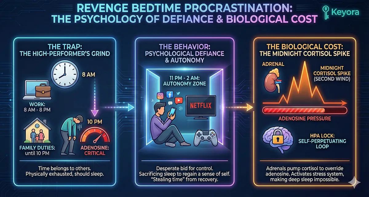 Revenge Bedtime Procrastination is the psychological defiance of high-performers who sacrifice sleep (staying up past 11:00 PM for social media/Netflix) to regain autonomy after a long workday . This behavior is chemically disastrous, triggering a "Second Wind" of stress hormones, including a midnight Cortisol Spike, which overrides adenosine pressure. This activates the HPA axis, creating a self-perpetuating loop that makes deep sleep physically impossible, effectively "stealing time" from recovery. Revenge Bedtime Procrastination is the psychological defiance of high-performers who sacrifice sleep (staying up past 11:00 PM for social media/Netflix) to regain autonomy after a long workday . This behavior is chemically disastrous, triggering a "Second Wind" of stress hormones, including a midnight Cortisol Spike, which overrides adenosine pressure. This activates the HPA axis, creating a self-perpetuating loop that makes deep sleep physically impossible, effectively "stealing time" from recovery.