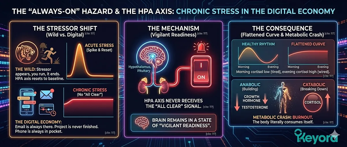 The "Always-On" digital economy creates Chronic Stress, preventing the HPA Axis (Hypothalamic-Pituitary-Adrenal) from receiving the "All Clear" signal, unlike acute stressors in the wild. This state of "Vigilant Readiness" flattens the cortisol profile : morning cortisol is low (waking up groggy), and evening cortisol is high (unable to wind down). This rhythm dysregulation is the primary driver of Burnout and the Metabolic Crash, suppressing anabolic hormones (GH, Testosterone) while catabolic Cortisol reigns supreme. The "Always-On" digital economy creates Chronic Stress, preventing the HPA Axis (Hypothalamic-Pituitary-Adrenal) from receiving the "All Clear" signal, unlike acute stressors in the wild. This state of "Vigilant Readiness" flattens the cortisol profile : morning cortisol is low (waking up groggy), and evening cortisol is high (unable to wind down). This rhythm dysregulation is the primary driver of Burnout and the Metabolic Crash, suppressing anabolic hormones (GH, Testosterone) while catabolic Cortisol reigns supreme.